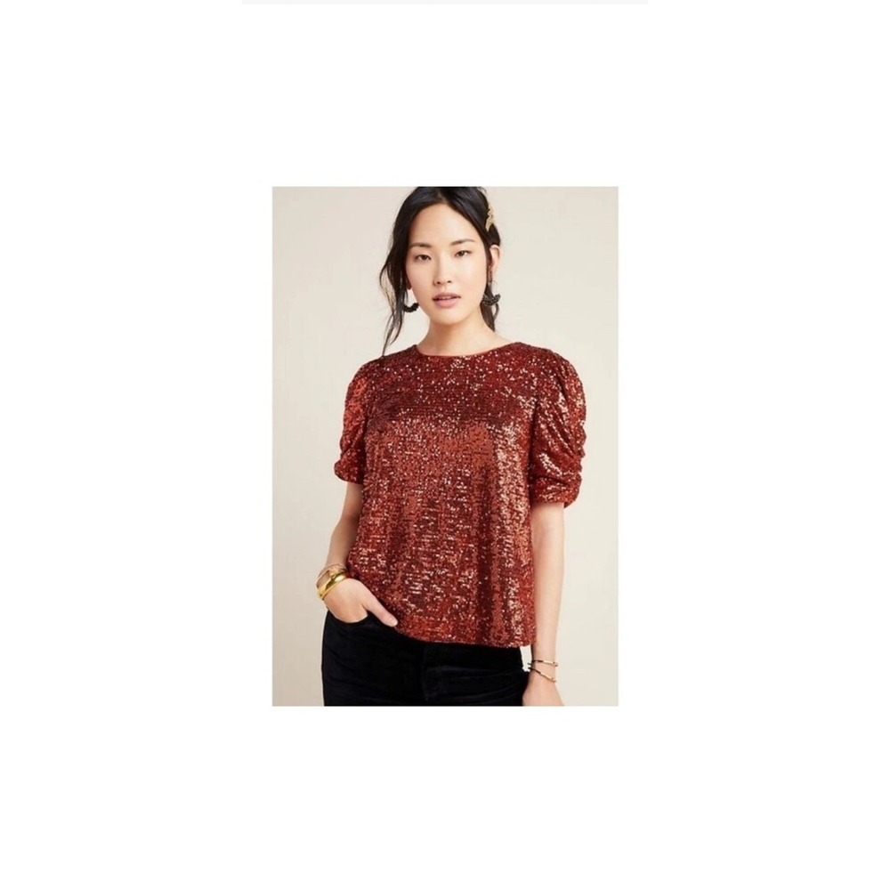Anthropologie Marie Sequined Top Sz 2 Copper $120 Christmas Sparkle Rust NYE - Picture 2 of 13